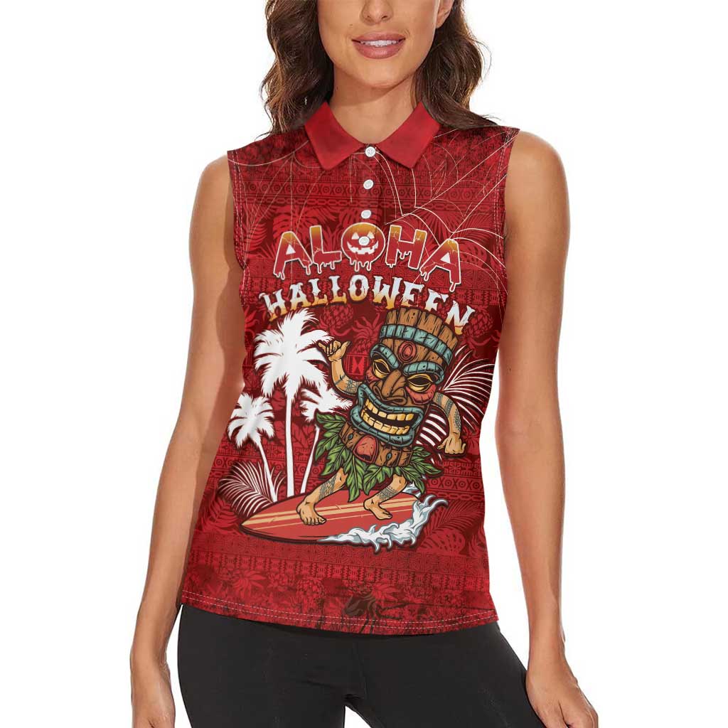Personalised Aloha Halloween Women Sleeveless Polo Shirt Skeleton Surfing