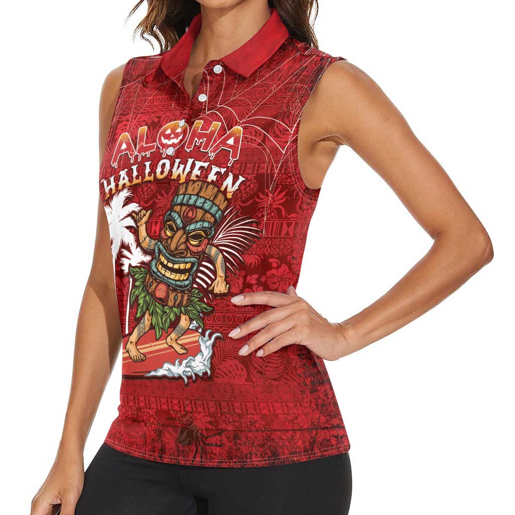 Personalised Aloha Halloween Women Sleeveless Polo Shirt Skeleton Surfing