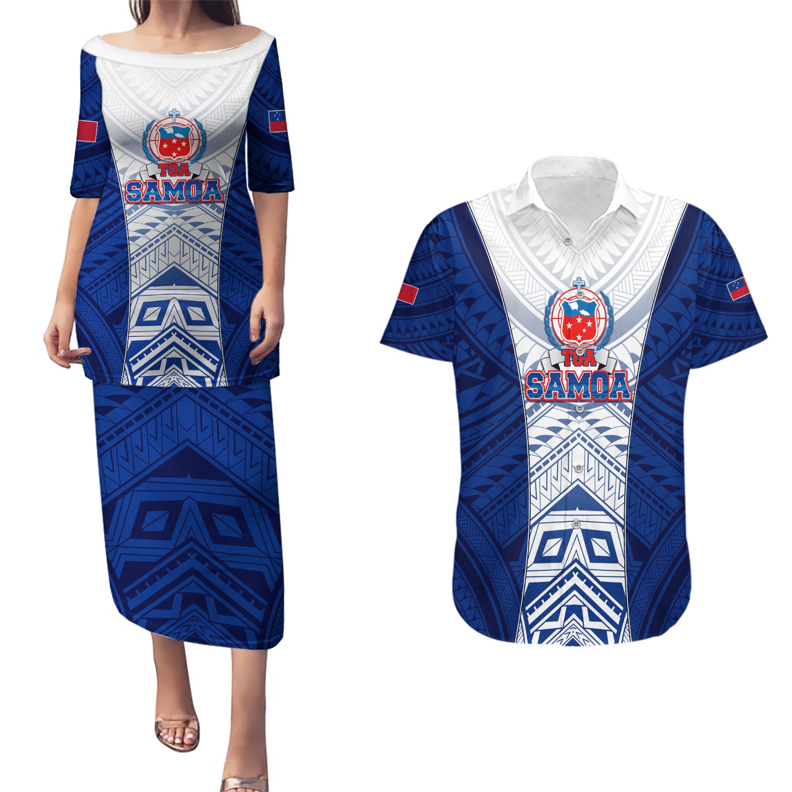 Custom Samoa Rugby Couples Matching Puletasi Dress and Hawaiian Shirt 2023 Pacific Championships Polynesian Pattern LT05 Blue - Polynesian Pride
