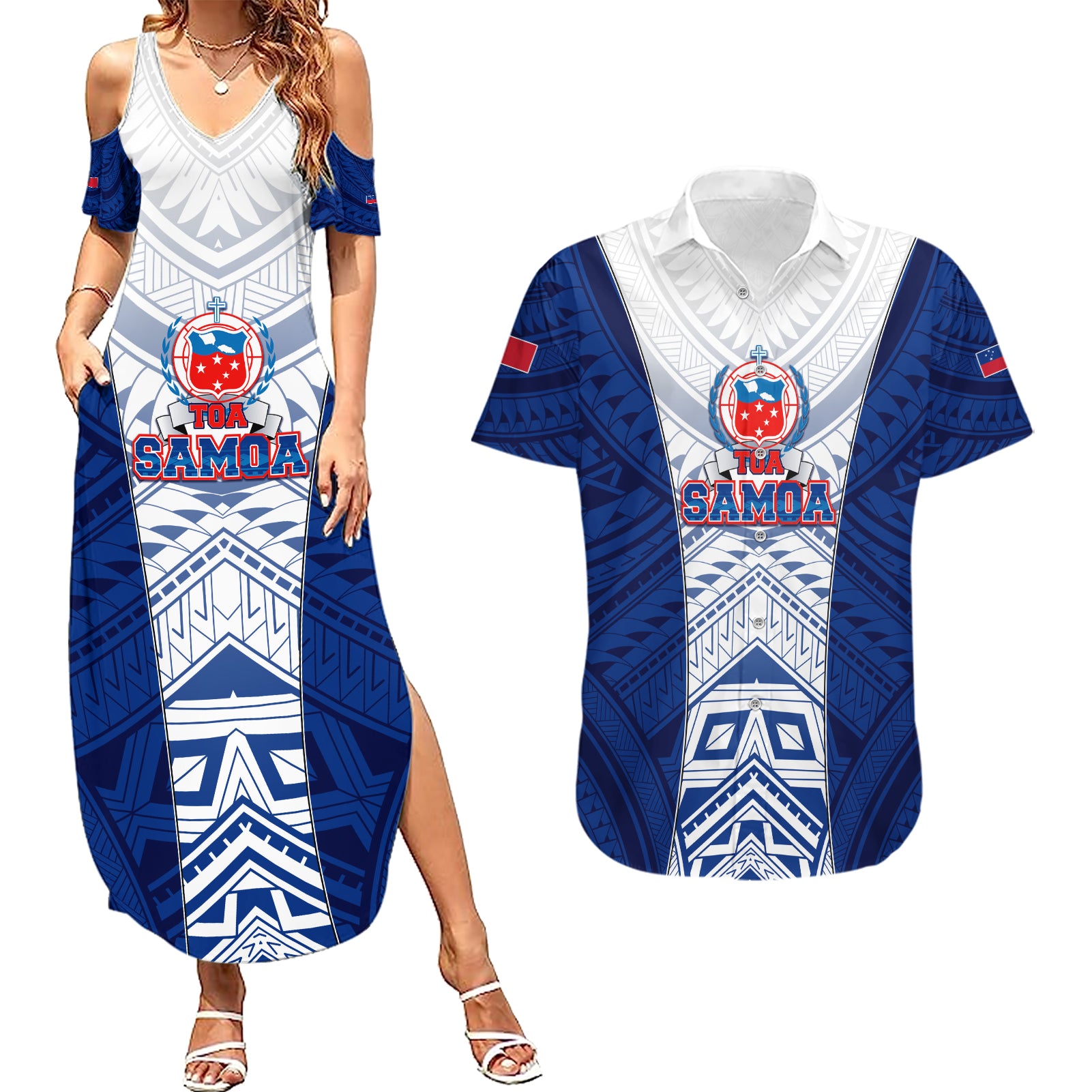Custom Samoa Rugby Couples Matching Summer Maxi Dress and Hawaiian Shirt 2023 Pacific Championships Polynesian Pattern LT05 Blue - Polynesian Pride