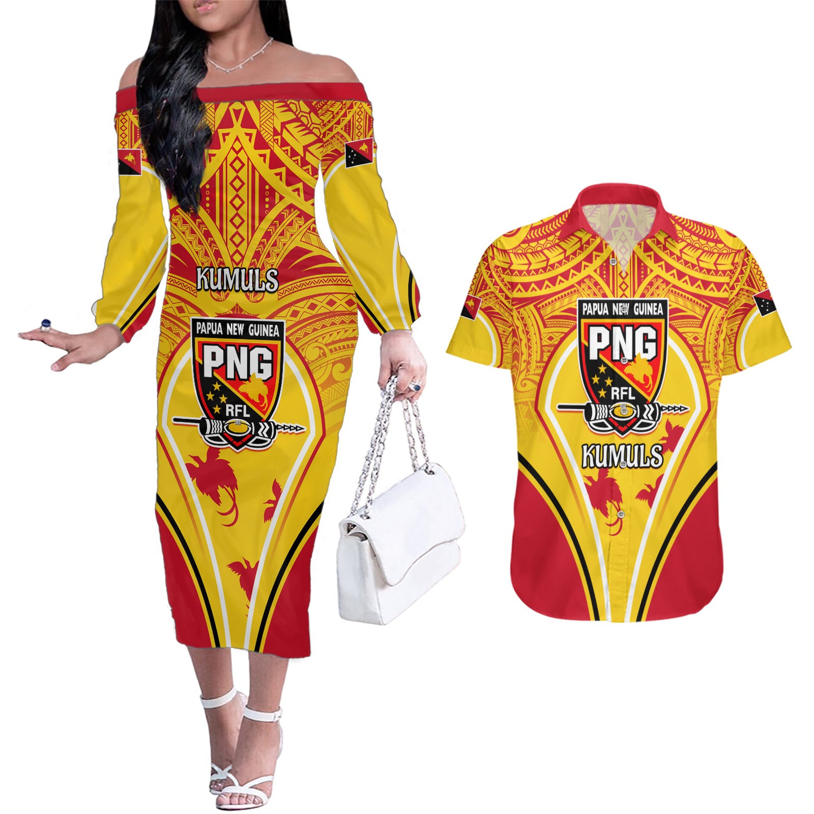 Custom Papua New Guinea Rugby Couples Matching Off The Shoulder Long Sleeve Dress and Hawaiian Shirt 2023 Pacific Championships The Kumuls LT05 Yellow - Polynesian Pride