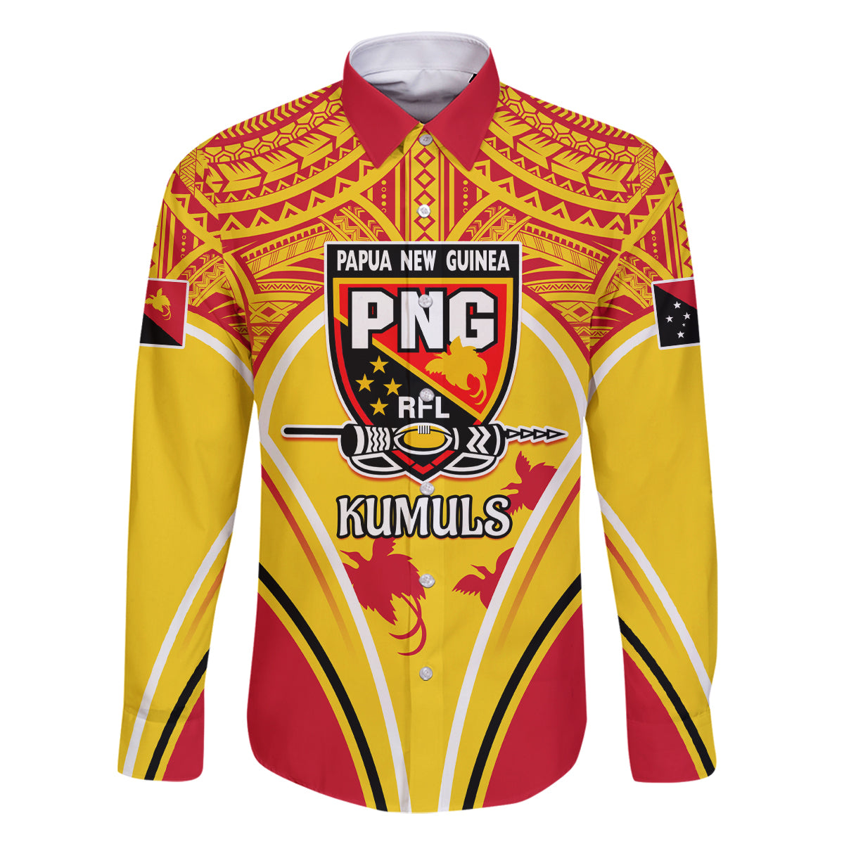 Custom Papua New Guinea Rugby Family Matching Off Shoulder Maxi Dress and Hawaiian Shirt 2023 Pacific Championships The Kumuls LT05 Dad's Shirt - Long Sleeve Yellow - Polynesian Pride