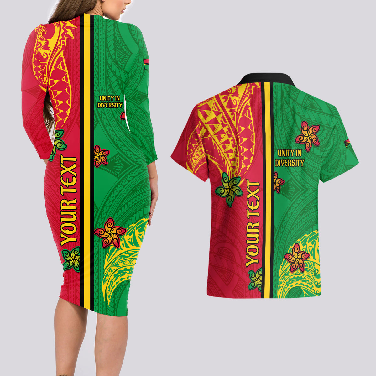 Personalised Vanuatu Happy Unity Day Couples Matching Long Sleeve Bodycon Dress and Hawaiian Shirt Polynesian Plumeria LT05 - Polynesian Pride