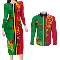 Personalised Vanuatu Happy Unity Day Couples Matching Long Sleeve Bodycon Dress and Long Sleeve Button Shirt Polynesian Plumeria LT05 Red - Polynesian Pride