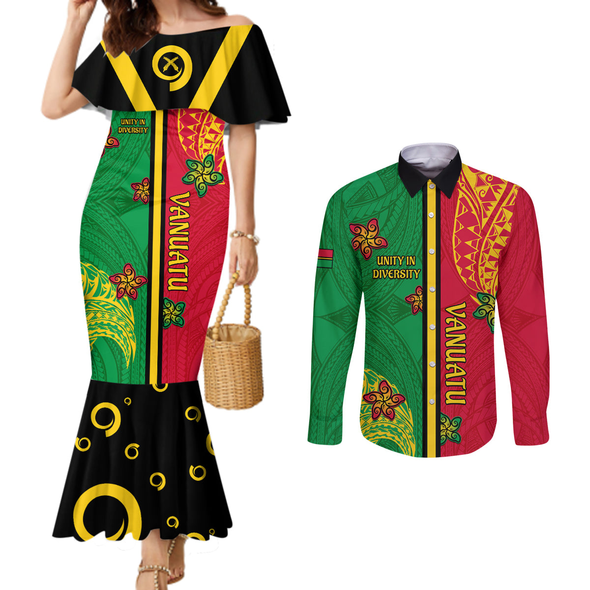 Personalised Vanuatu Happy Unity Day Couples Matching Mermaid Dress and Long Sleeve Button Shirt Polynesian Plumeria LT05 Red - Polynesian Pride