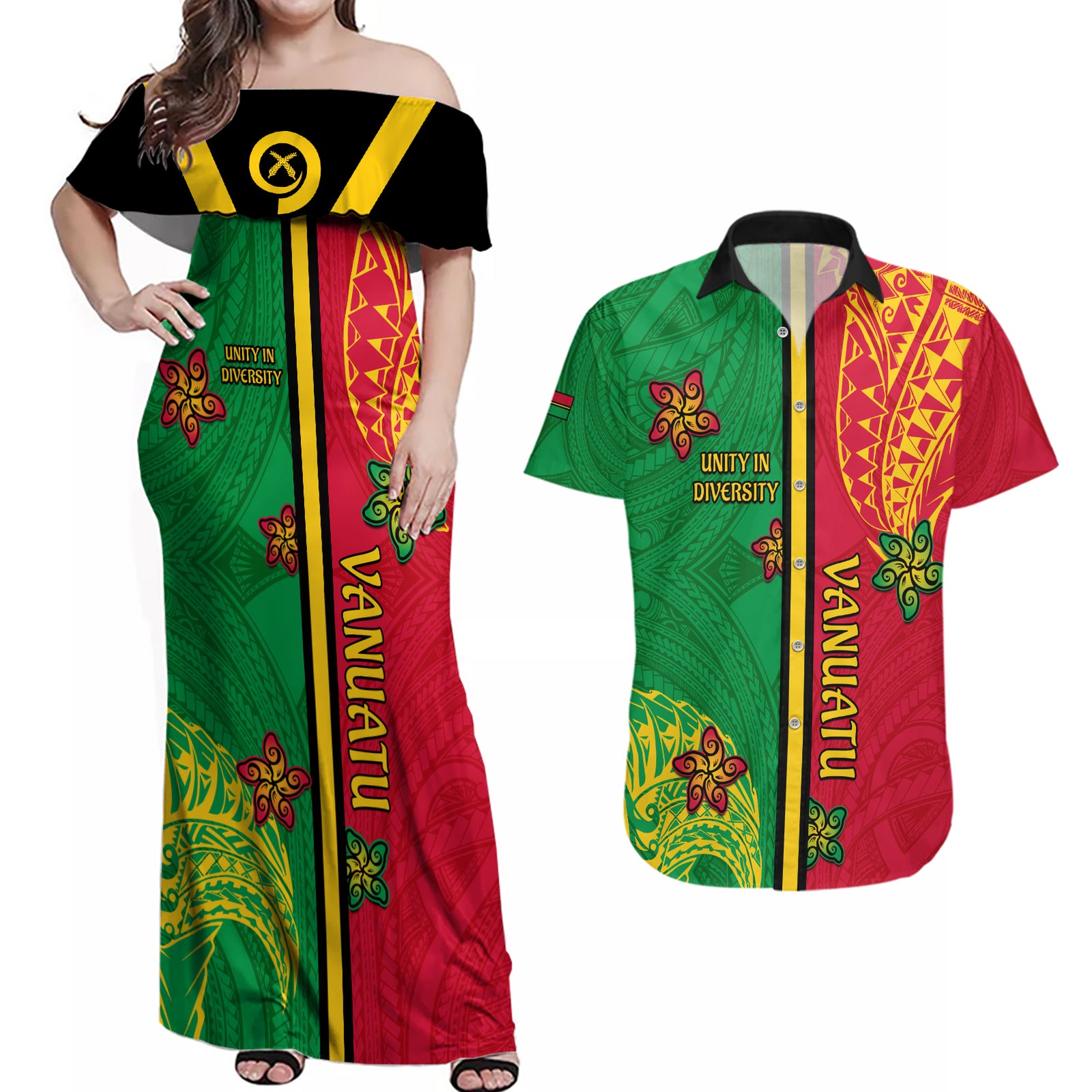 Personalised Vanuatu Happy Unity Day Couples Matching Off Shoulder Maxi Dress and Hawaiian Shirt Polynesian Plumeria LT05 Red - Polynesian Pride