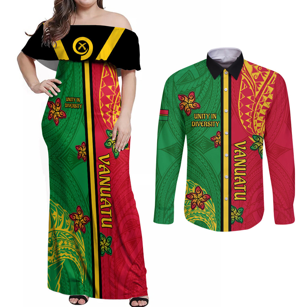 Personalised Vanuatu Happy Unity Day Couples Matching Off Shoulder Maxi Dress and Long Sleeve Button Shirt Polynesian Plumeria LT05 Red - Polynesian Pride