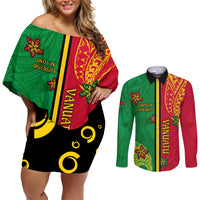 Personalised Vanuatu Happy Unity Day Couples Matching Off Shoulder Short Dress and Long Sleeve Button Shirt Polynesian Plumeria LT05 Red - Polynesian Pride
