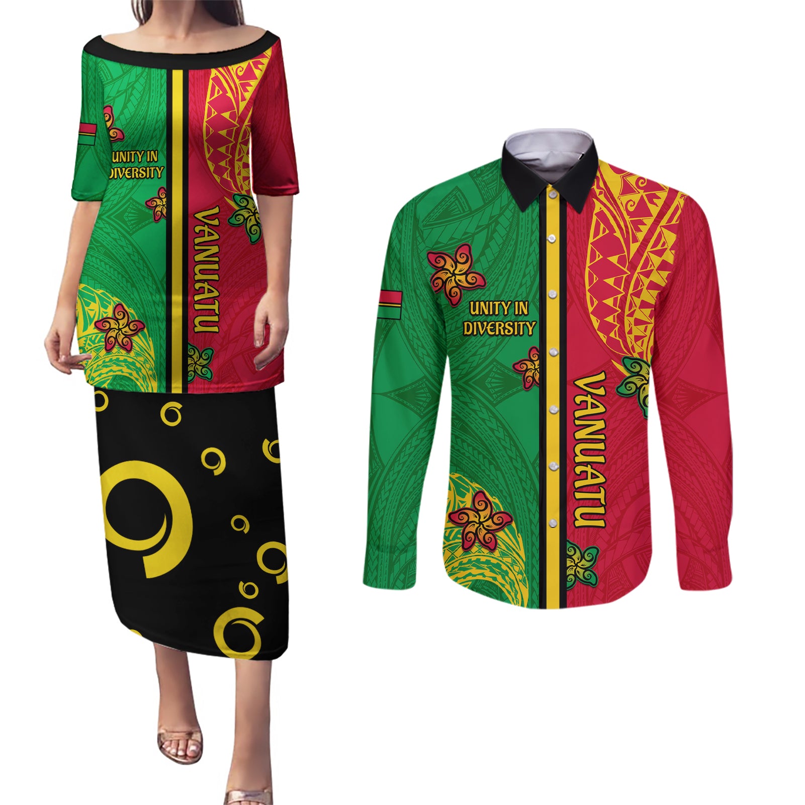 Personalised Vanuatu Happy Unity Day Couples Matching Puletasi Dress and Long Sleeve Button Shirt Polynesian Plumeria LT05 Red - Polynesian Pride