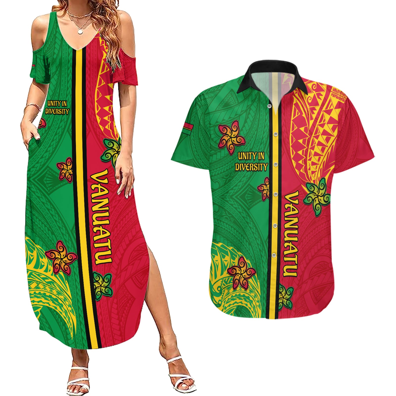 Personalised Vanuatu Happy Unity Day Couples Matching Summer Maxi Dress and Hawaiian Shirt Polynesian Plumeria LT05 Red - Polynesian Pride
