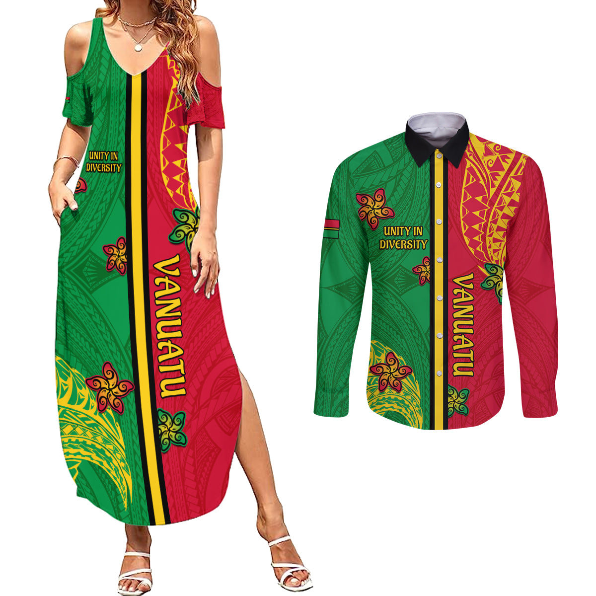 Personalised Vanuatu Happy Unity Day Couples Matching Summer Maxi Dress and Long Sleeve Button Shirt Polynesian Plumeria LT05 Red - Polynesian Pride