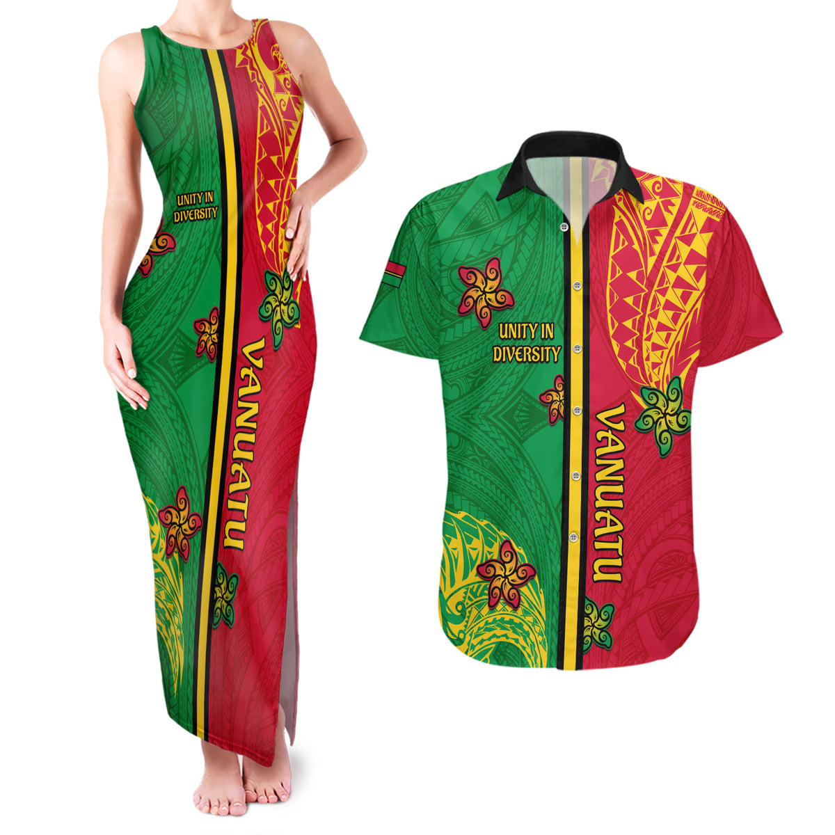 Personalised Vanuatu Happy Unity Day Couples Matching Tank Maxi Dress and Hawaiian Shirt Polynesian Plumeria LT05 Red - Polynesian Pride