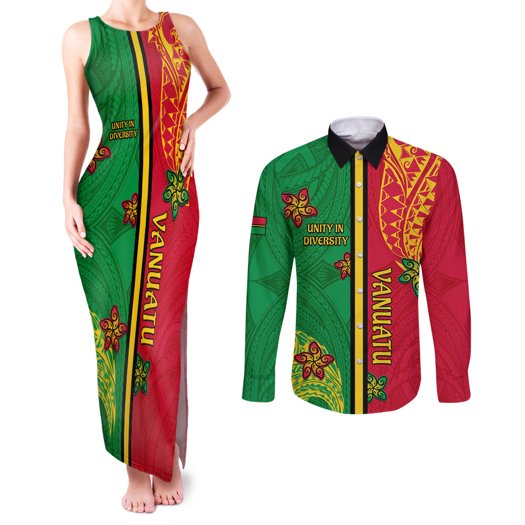 Personalised Vanuatu Happy Unity Day Couples Matching Tank Maxi Dress and Long Sleeve Button Shirt Polynesian Plumeria LT05 Red - Polynesian Pride