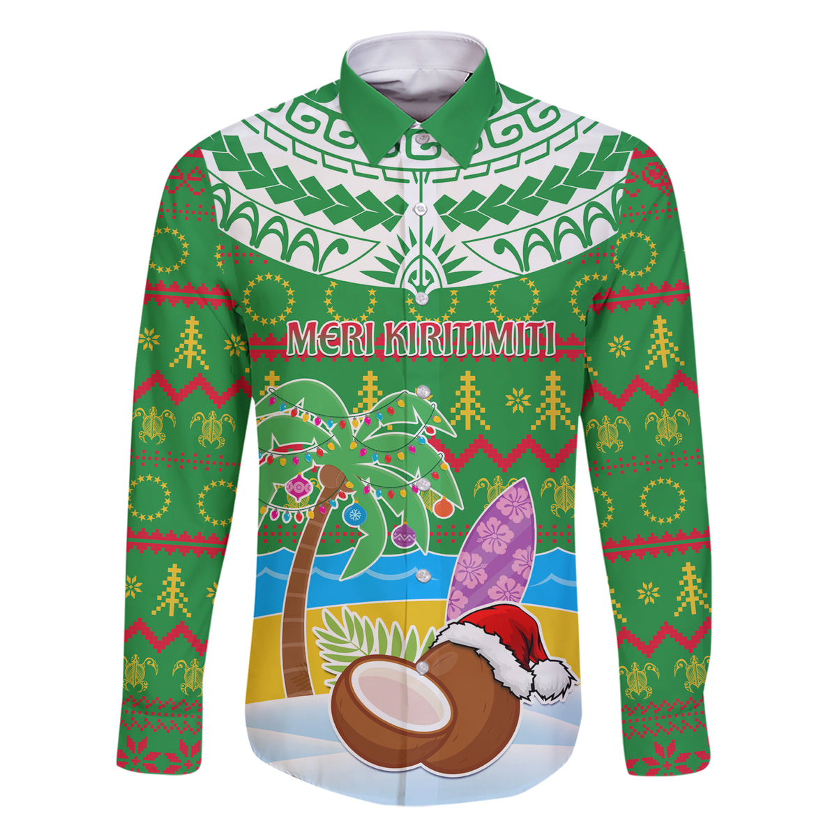 Personalised Cook Islands Christmas Family Matching Short Sleeve Bodycon Dress and Hawaiian Shirt Coconut Santa Beach Style LT05 Dad's Shirt - Long Sleeve Green - Polynesian Pride