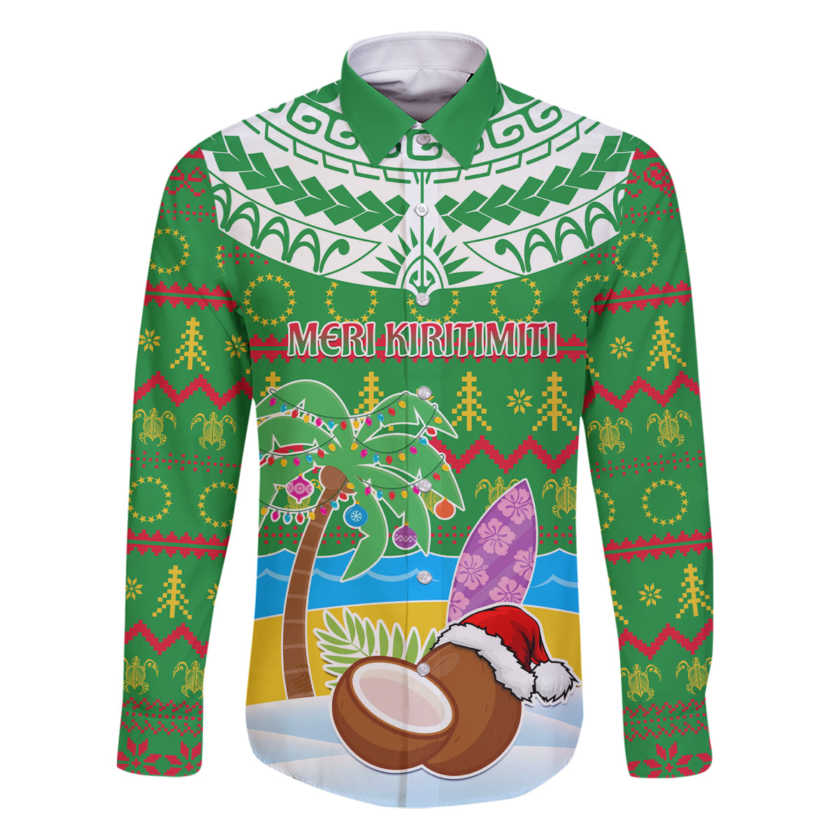 Personalised Cook Islands Christmas Family Matching Tank Maxi Dress and Hawaiian Shirt Coconut Santa Beach Style LT05 Dad's Shirt - Long Sleeve Green - Polynesian Pride