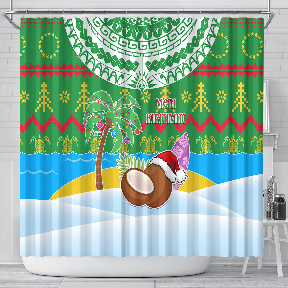 Cook Islands Christmas Shower Curtain Coconut Santa Beach Style LT05 - Polynesian Pride