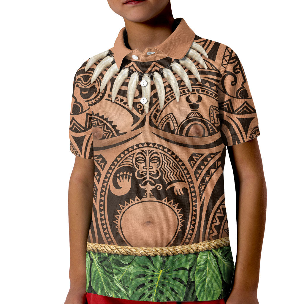 Hawaii Warrior Tattoo Inspired Kid Polo Shirt Tropical Leaf Skirt Costume LT05 Kid Beige - Polynesian Pride