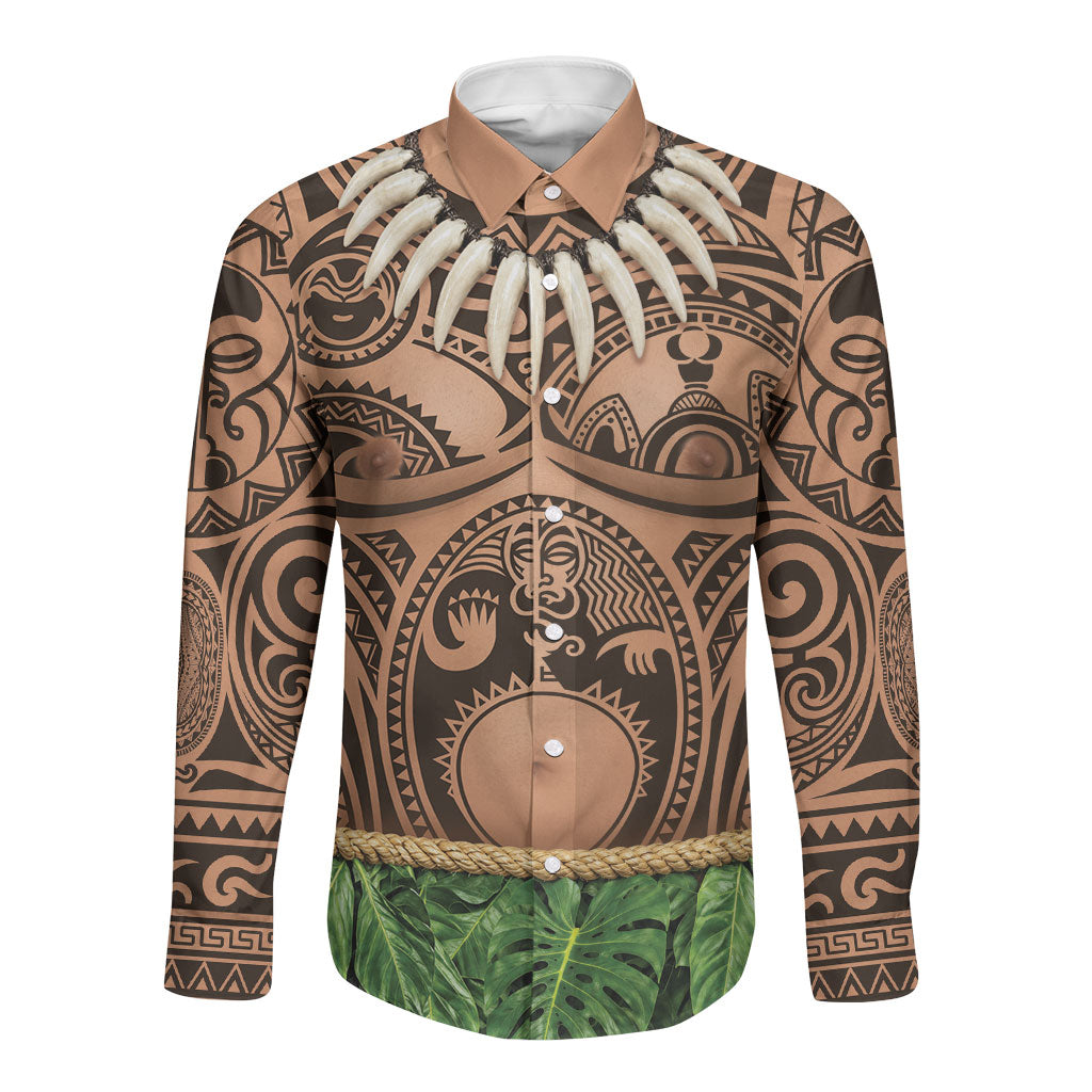 Hawaii Warrior Tattoo Inspired Long Sleeve Button Shirt Tropical Leaf Skirt Costume