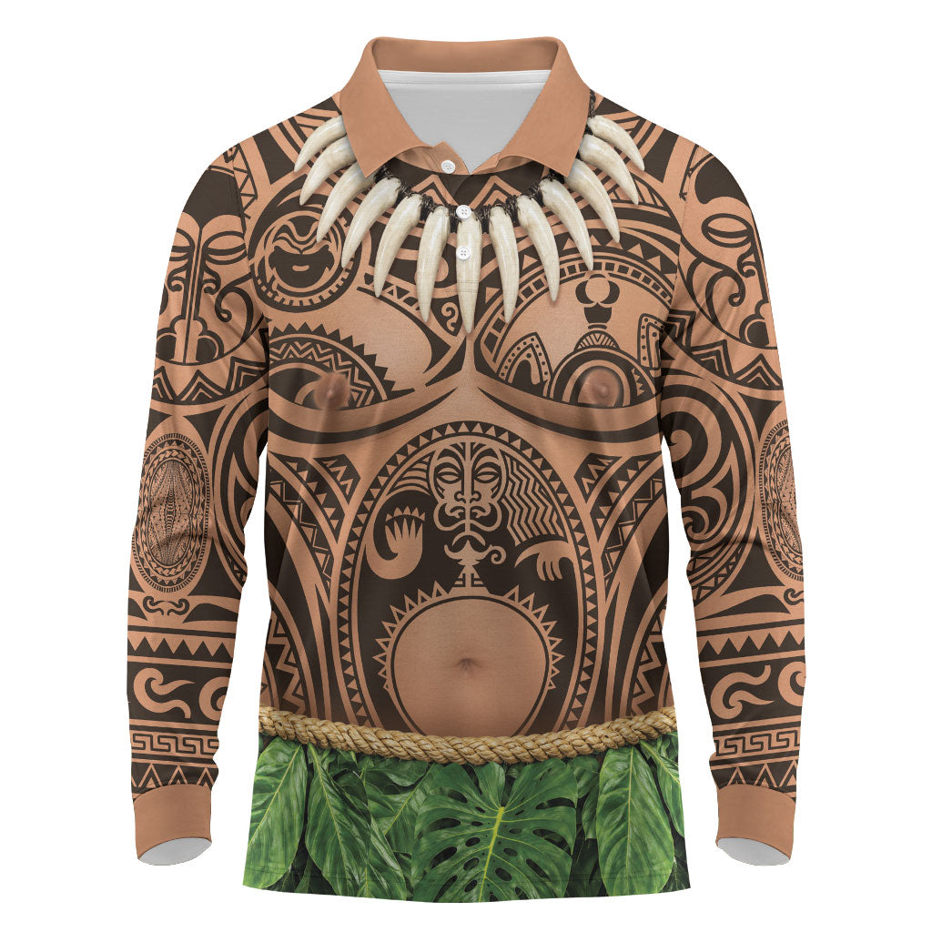 Hawaii Warrior Tattoo Inspired Long Sleeve Polo Shirt Tropical Leaf Skirt Costume LT05 Beige - Polynesian Pride