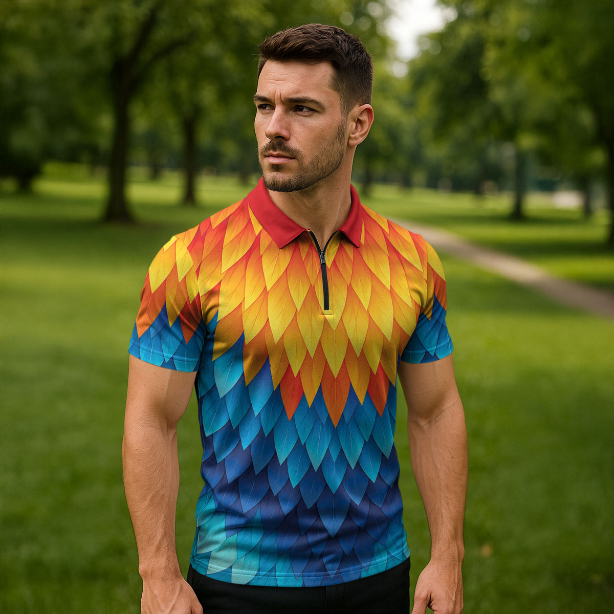 Polynesia Colorful Rooster Costume Zipper Polo Shirt