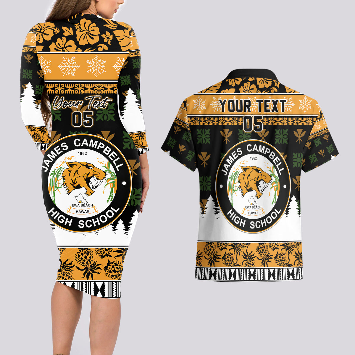 Custom Hawaii James Campbell High School Christmas Couples Matching Long Sleeve Bodycon Dress and Hawaiian Shirt Tropical Santa Claus LT05 - Polynesian Pride