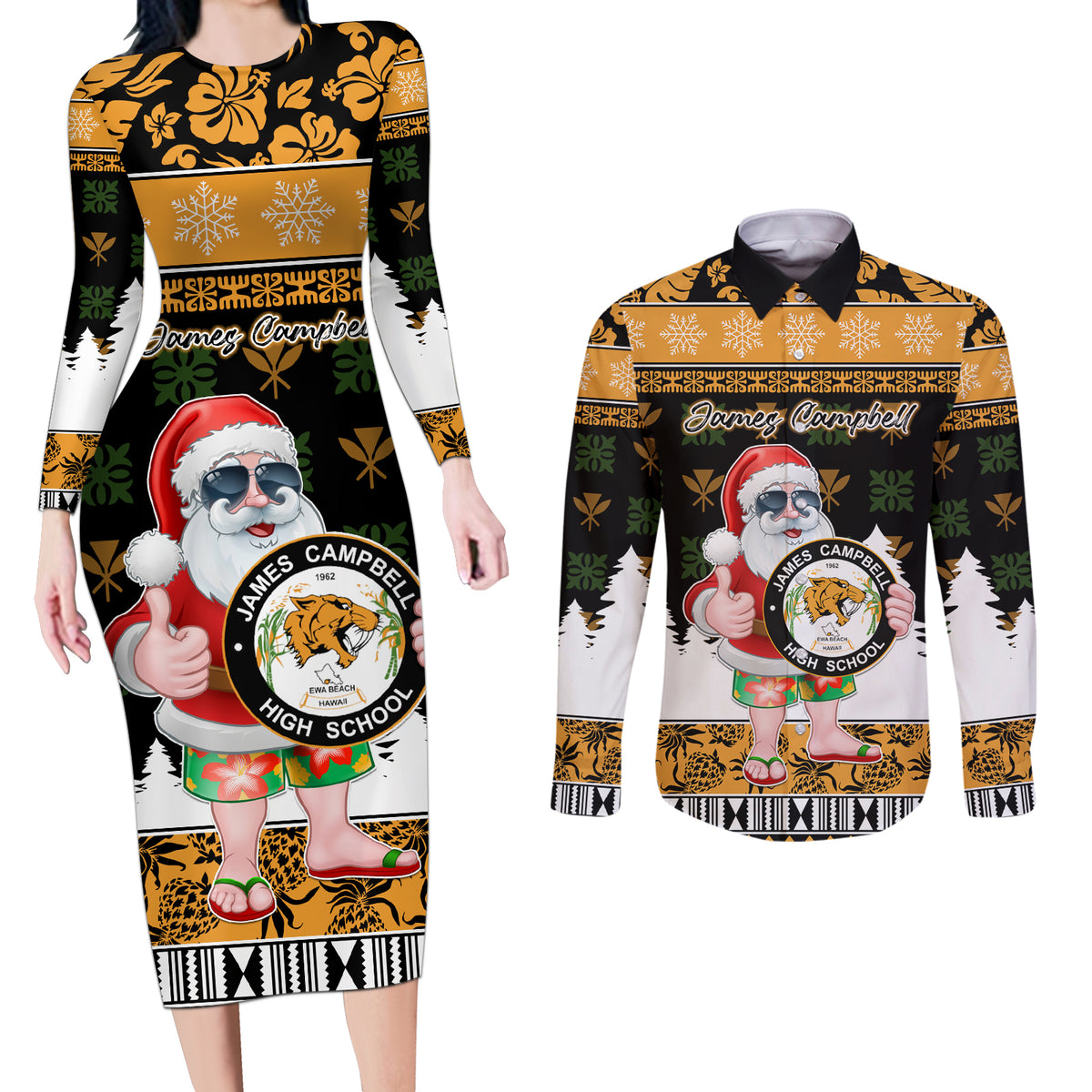 Custom Hawaii James Campbell High School Christmas Couples Matching Long Sleeve Bodycon Dress and Long Sleeve Button Shirt Tropical Santa Claus LT05 Black - Polynesian Pride