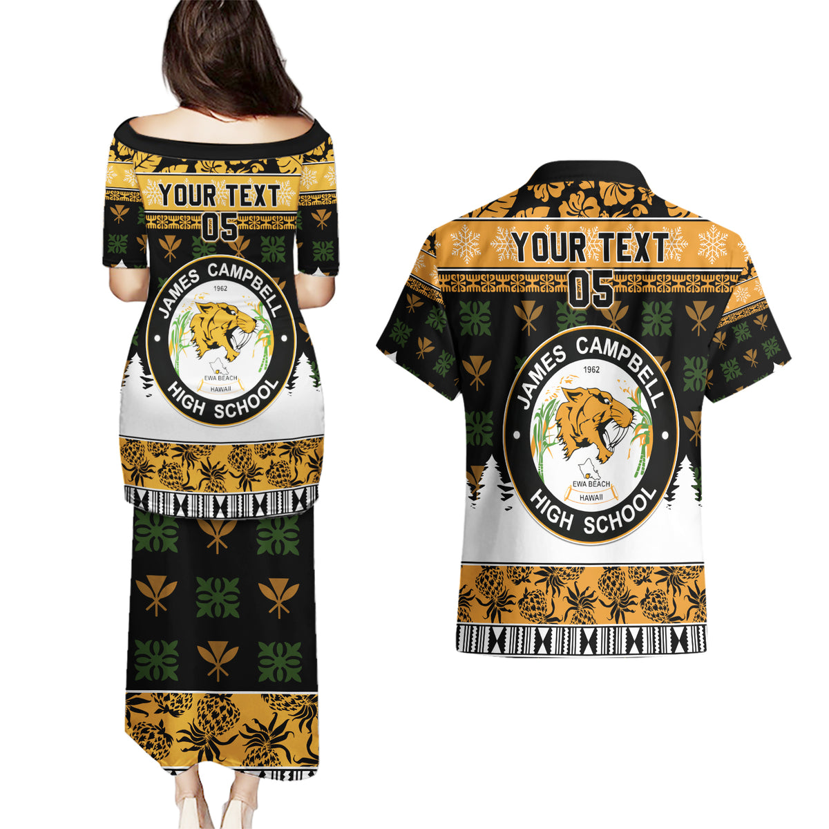 Custom Hawaii James Campbell High School Christmas Couples Matching Puletasi Dress and Hawaiian Shirt Tropical Santa Claus LT05 - Polynesian Pride