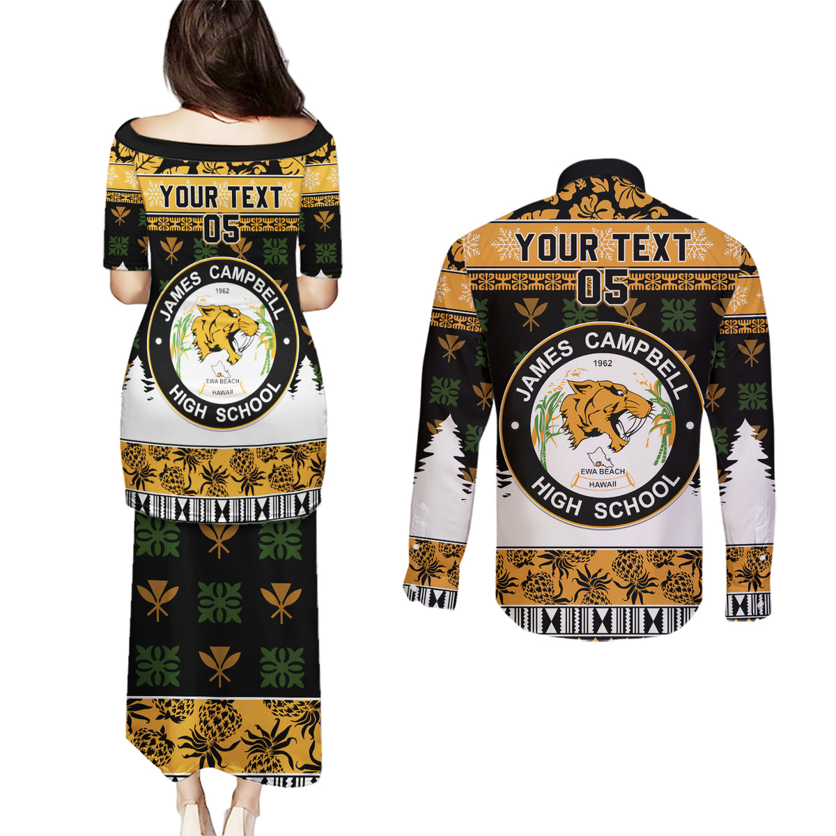 Custom Hawaii James Campbell High School Christmas Couples Matching Puletasi Dress and Long Sleeve Button Shirt Tropical Santa Claus LT05 - Polynesian Pride