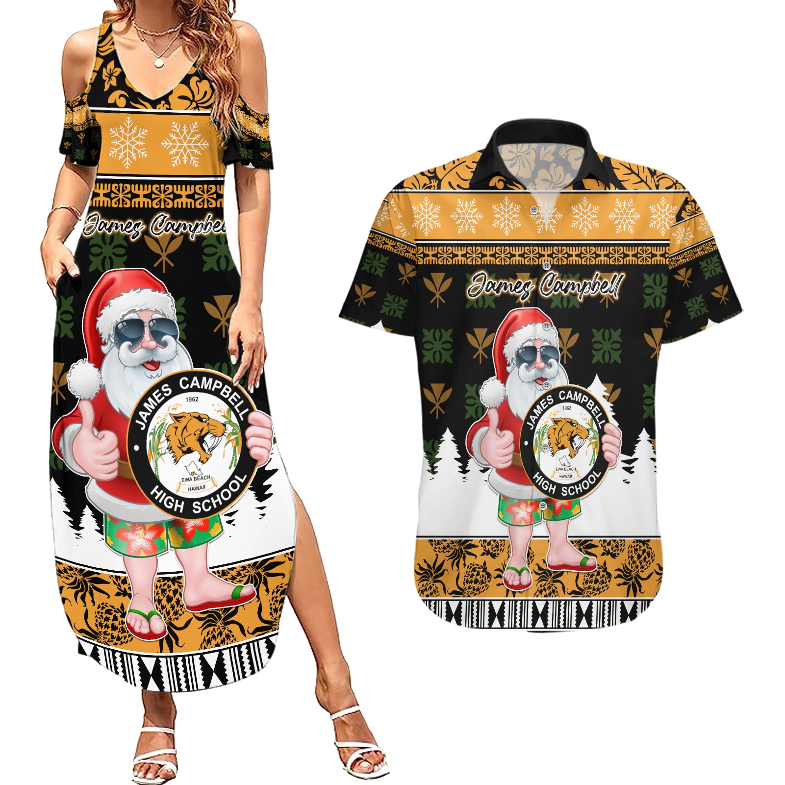 Custom Hawaii James Campbell High School Christmas Couples Matching Summer Maxi Dress and Hawaiian Shirt Tropical Santa Claus LT05 Black - Polynesian Pride