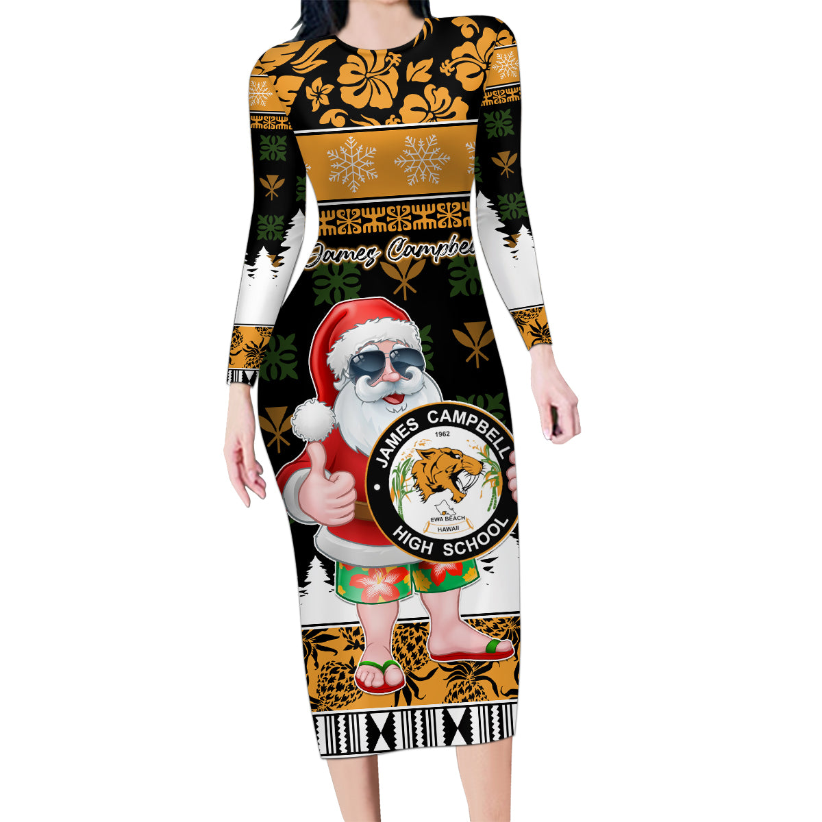 Custom Hawaii James Campbell High School Christmas Family Matching Long Sleeve Bodycon Dress and Hawaiian Shirt Tropical Santa Claus LT05 Mom's Dress Black - Polynesian Pride