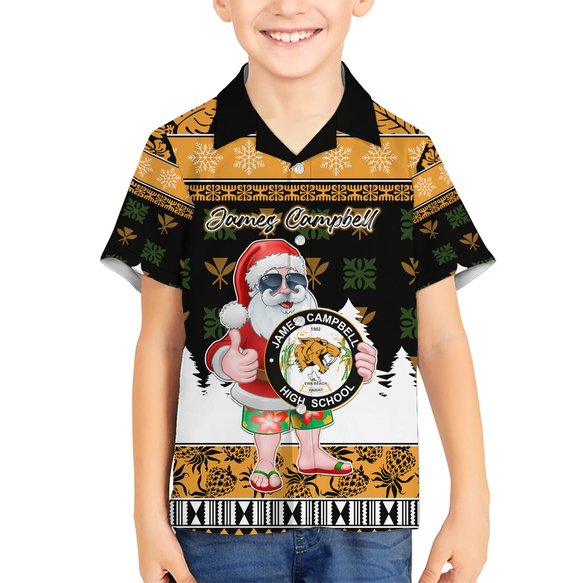 Custom Hawaii James Campbell High School Christmas Family Matching Short Sleeve Bodycon Dress and Hawaiian Shirt Tropical Santa Claus LT05 Son's Shirt Black - Polynesian Pride