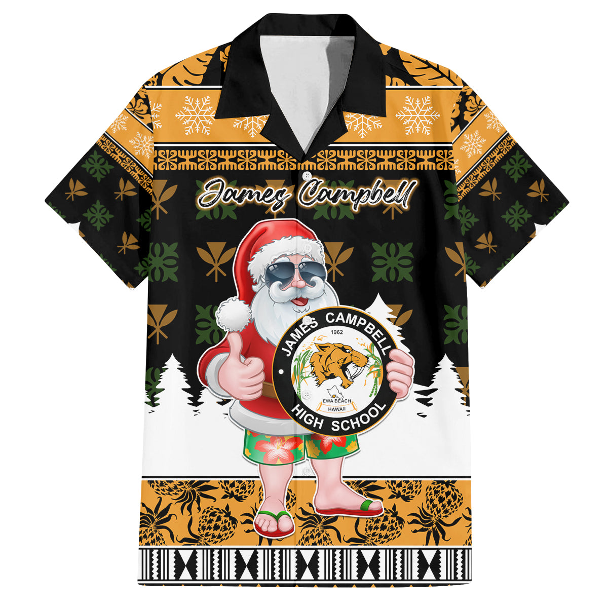 Custom Hawaii James Campbell High School Christmas Family Matching Tank Maxi Dress and Hawaiian Shirt Tropical Santa Claus LT05 Dad's Shirt - Short Sleeve Black - Polynesian Pride