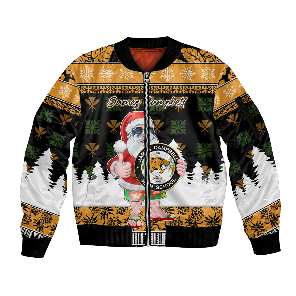 Custom Hawaii James Campbell High School Christmas Sleeve Zip Bomber Jacket Tropical Santa Claus LT05 Unisex Black - Polynesian Pride