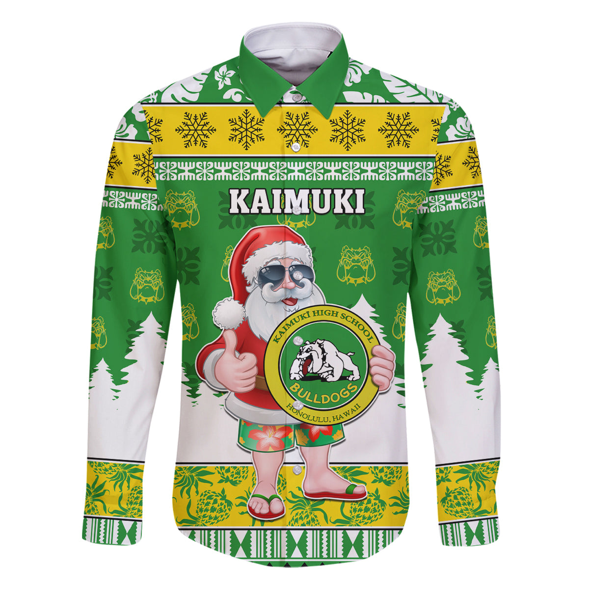 Custom Hawaii Kaimuki High School Christmas Family Matching Tank Maxi Dress and Hawaiian Shirt Tropical Santa Claus LT05 Dad's Shirt - Long Sleeve Green - Polynesian Pride