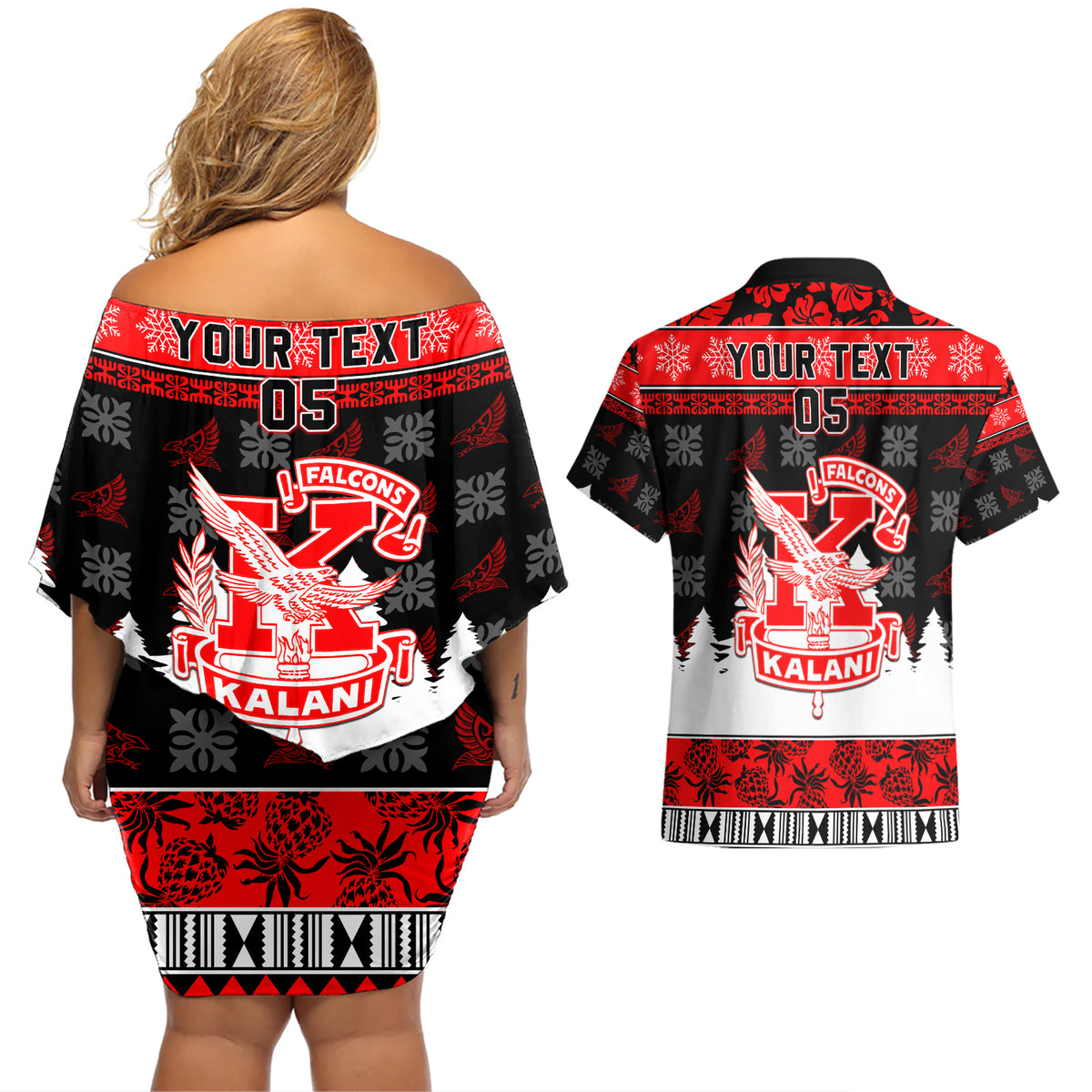 Custom Hawaii Kalani High School Christmas Couples Matching Off Shoulder Short Dress and Hawaiian Shirt Tropical Santa Claus LT05 - Polynesian Pride