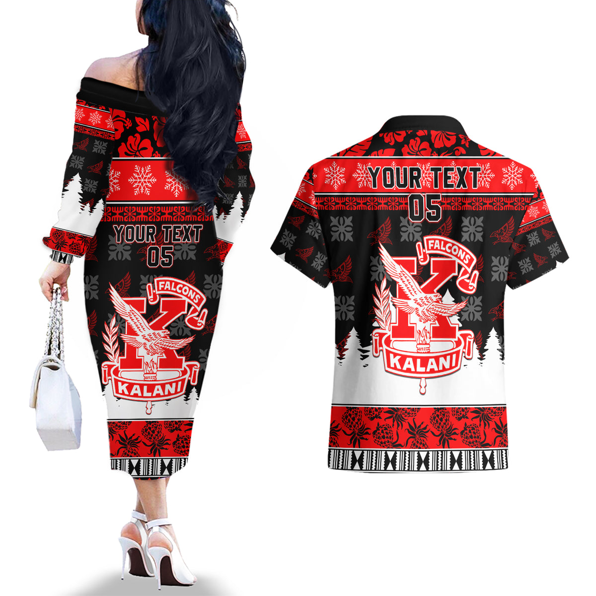 Custom Hawaii Kalani High School Christmas Couples Matching Off The Shoulder Long Sleeve Dress and Hawaiian Shirt Tropical Santa Claus LT05 - Polynesian Pride