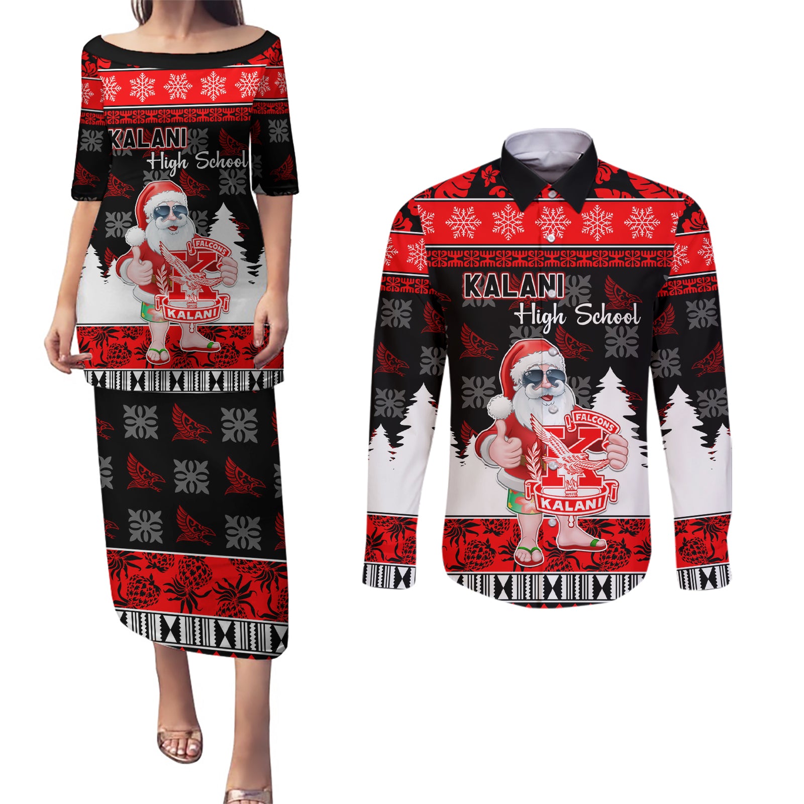 Custom Hawaii Kalani High School Christmas Couples Matching Puletasi Dress and Long Sleeve Button Shirt Tropical Santa Claus LT05 Red - Polynesian Pride