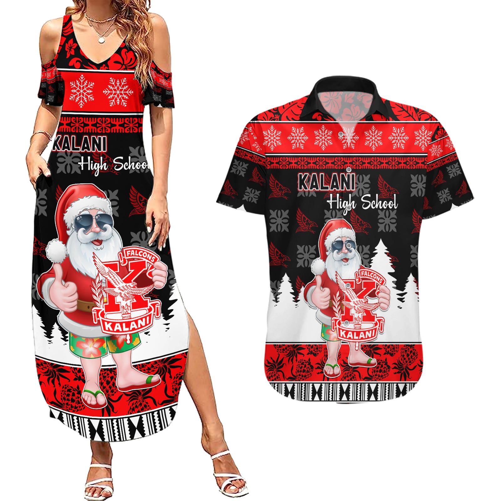 Custom Hawaii Kalani High School Christmas Couples Matching Summer Maxi Dress and Hawaiian Shirt Tropical Santa Claus LT05 Red - Polynesian Pride