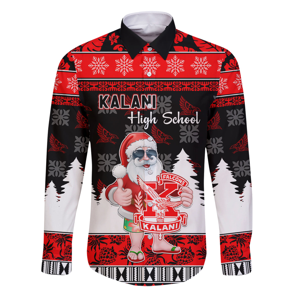 Custom Hawaii Kalani High School Christmas Family Matching Off Shoulder Long Sleeve Dress and Hawaiian Shirt Tropical Santa Claus LT05 Dad's Shirt - Long Sleeve Red - Polynesian Pride