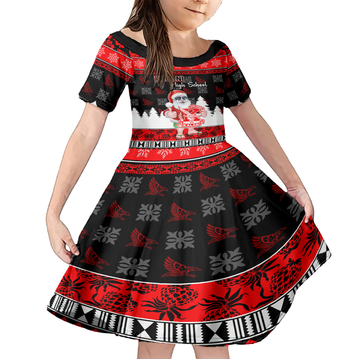 Custom Hawaii Kalani High School Christmas Family Matching Tank Maxi Dress and Hawaiian Shirt Tropical Santa Claus LT05 Daughter's Dress Red - Polynesian Pride