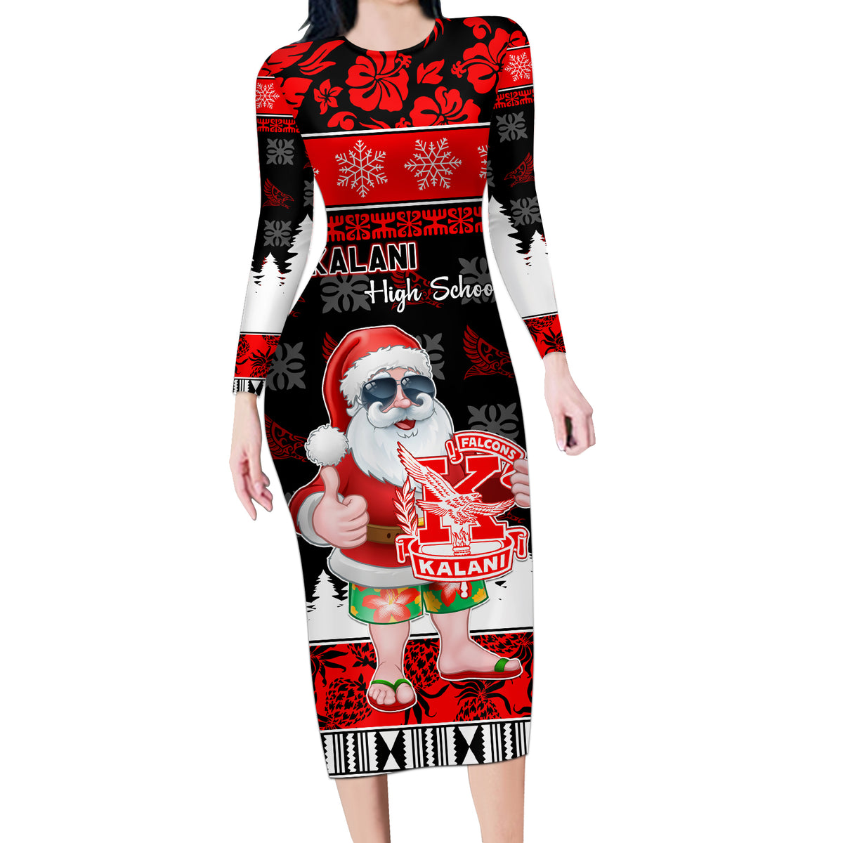 Custom Hawaii Kalani High School Christmas Long Sleeve Bodycon Dress Tropical Santa Claus LT05 Long Dress Red - Polynesian Pride