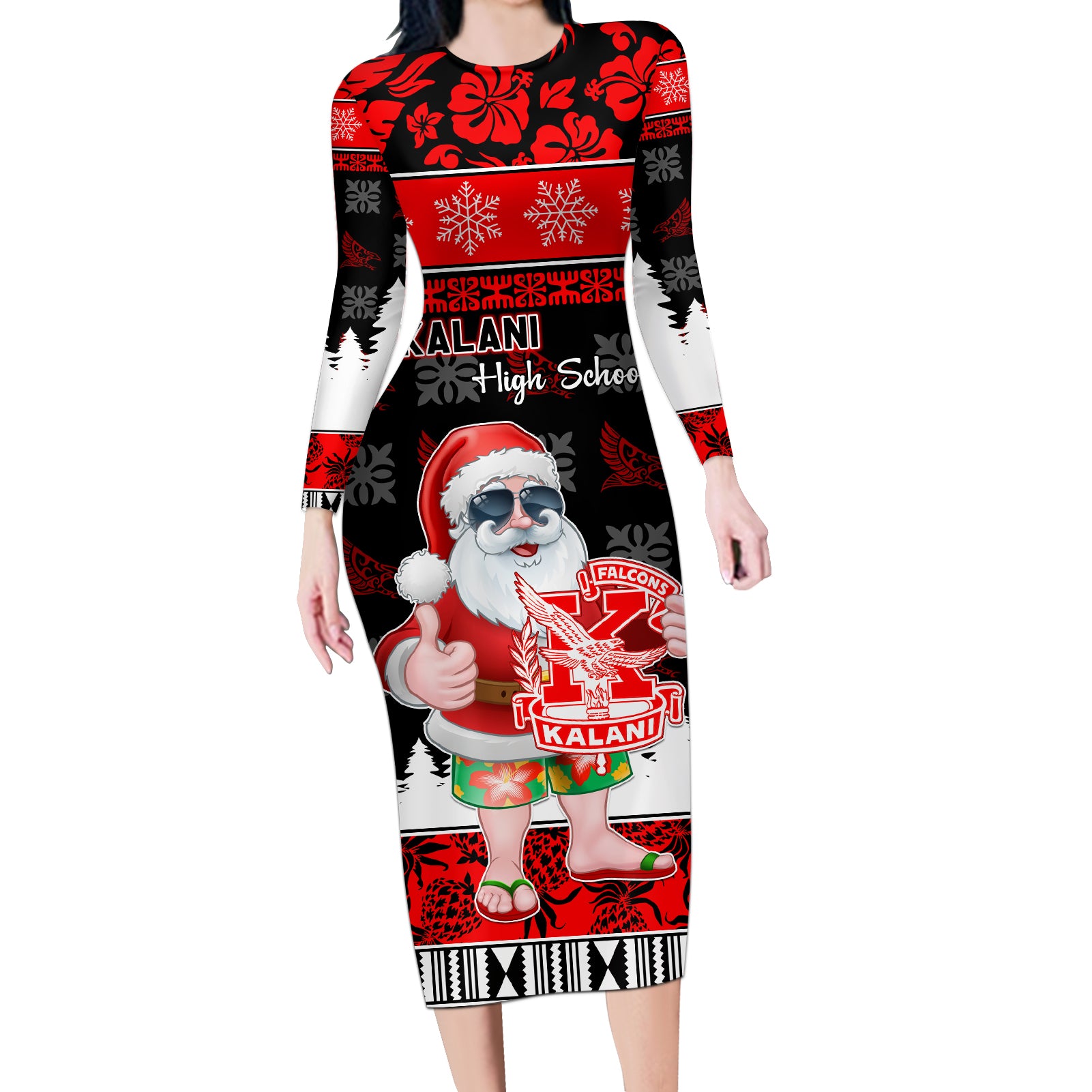 Custom Hawaii Kalani High School Christmas Long Sleeve Bodycon Dress Tropical Santa Claus LT05 Long Dress Red - Polynesian Pride