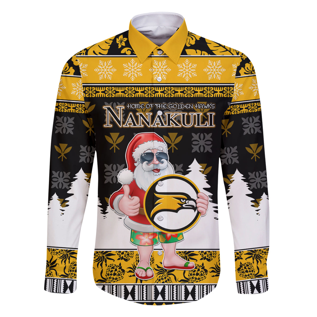 Custom Hawaii Nanakuli High and Intermediate School Christmas Family Matching Mermaid Dress and Hawaiian Shirt Tropical Santa Claus LT05 Dad's Shirt - Long Sleeve Yellow - Polynesian Pride