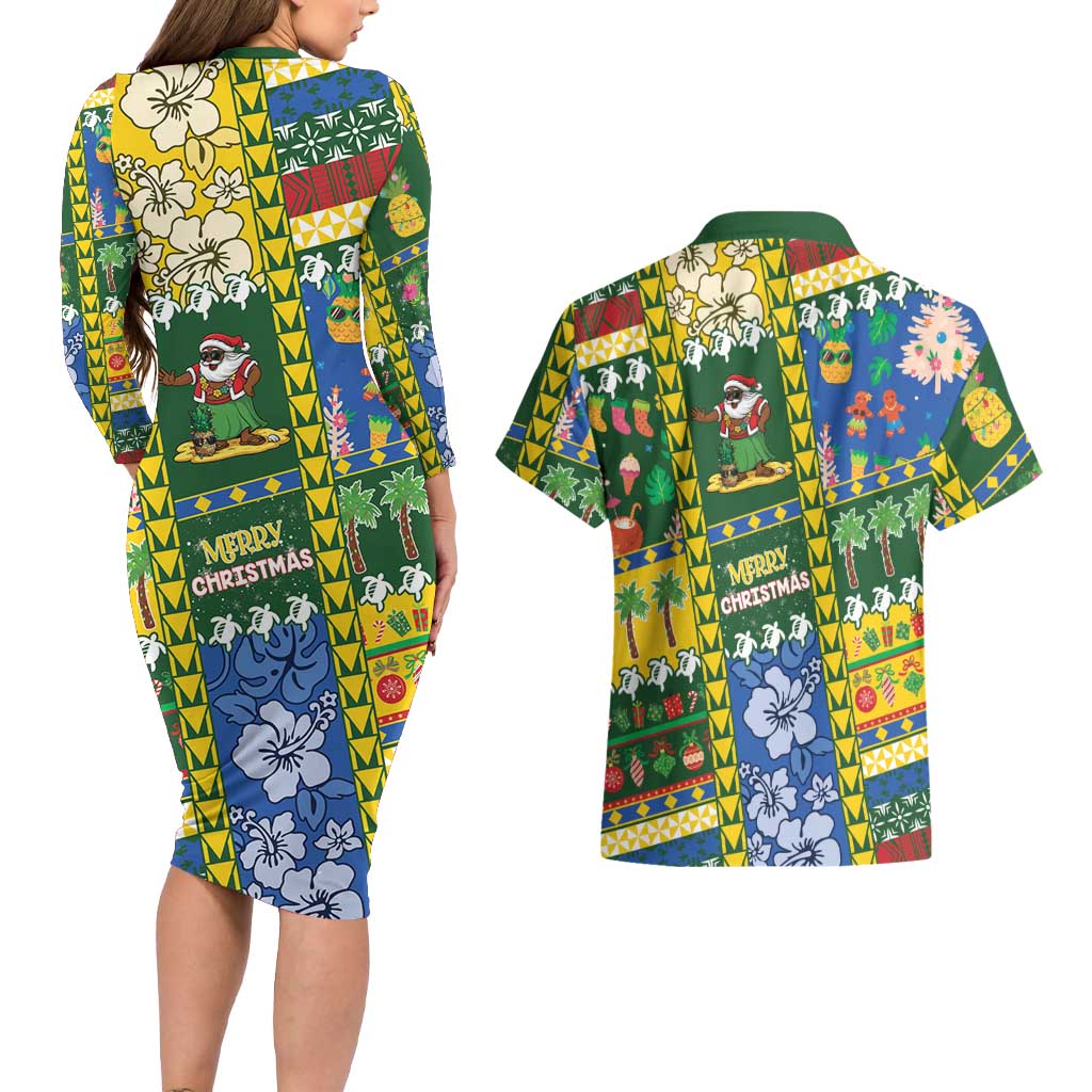 Solomon Islands Christmas Couples Matching Long Sleeve Bodycon Dress and Hawaiian Shirt Festive Beach Vibes - Polynesian Pride