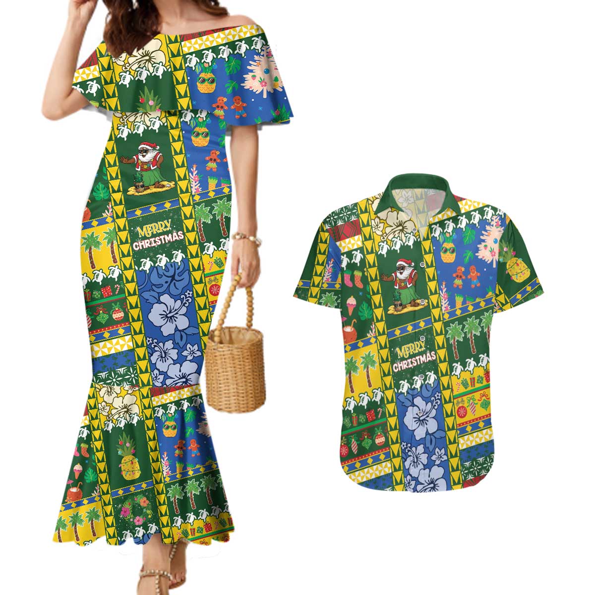 Solomon Islands Christmas Couples Matching Mermaid Dress and Hawaiian Shirt Festive Beach Vibes - Polynesian Pride