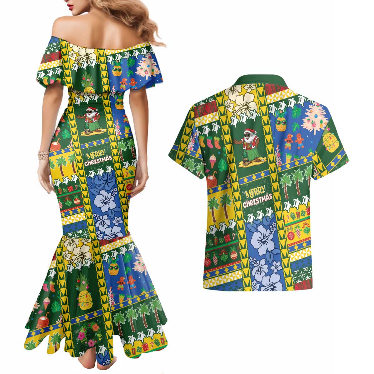 Solomon Islands Christmas Couples Matching Mermaid Dress and Hawaiian Shirt Festive Beach Vibes - Polynesian Pride
