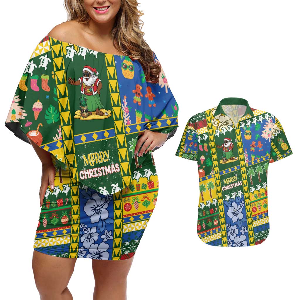 Solomon Islands Christmas Couples Matching Off Shoulder Short Dress and Hawaiian Shirt Festive Beach Vibes - Polynesian Pride
