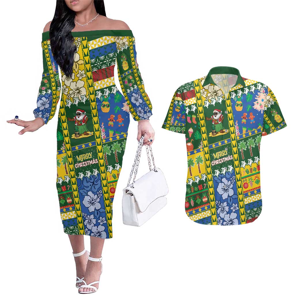 Solomon Islands Christmas Couples Matching Off The Shoulder Long Sleeve Dress and Hawaiian Shirt Festive Beach Vibes - Polynesian Pride