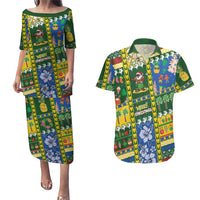 Solomon Islands Christmas Couples Matching Puletasi and Hawaiian Shirt Festive Beach Vibes - Polynesian Pride