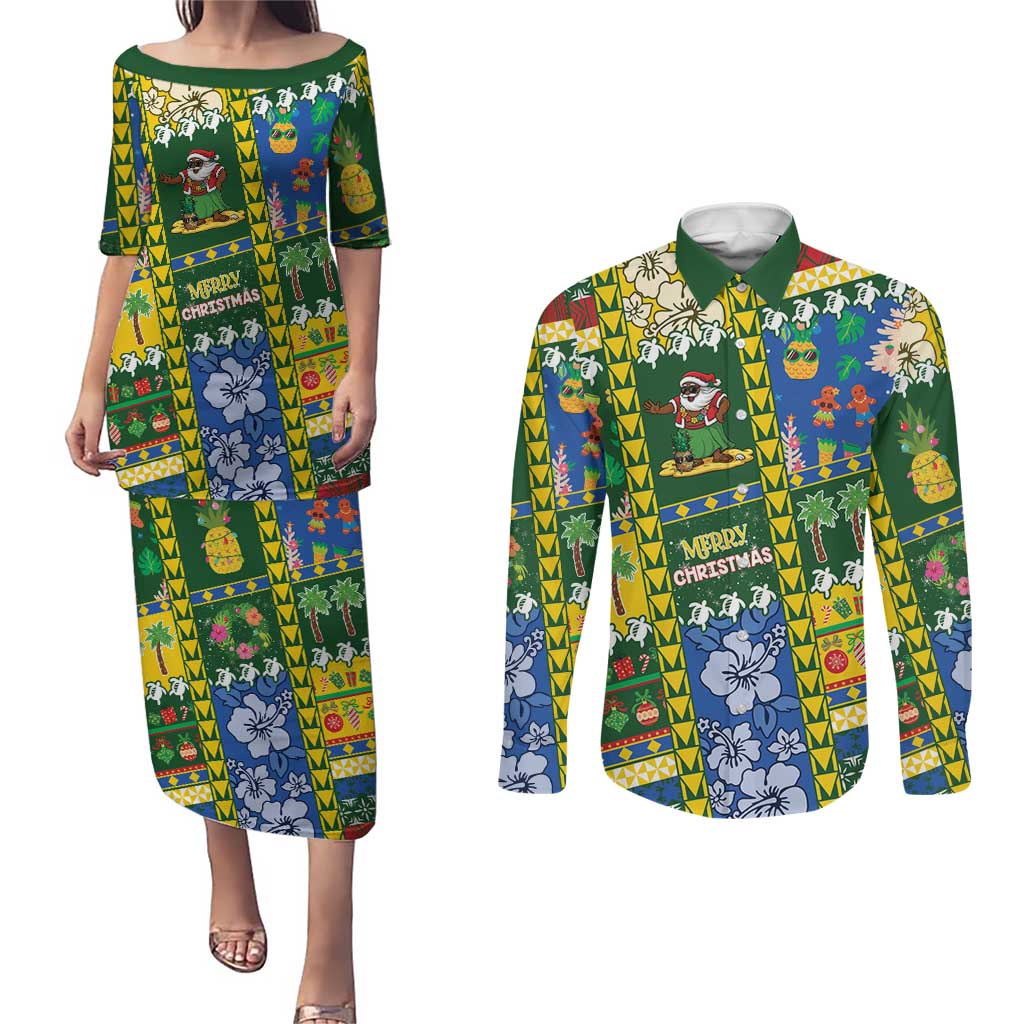 Solomon Islands Christmas Couples Matching Puletasi and Long Sleeve Button Shirt Festive Beach Vibes - Polynesian Pride